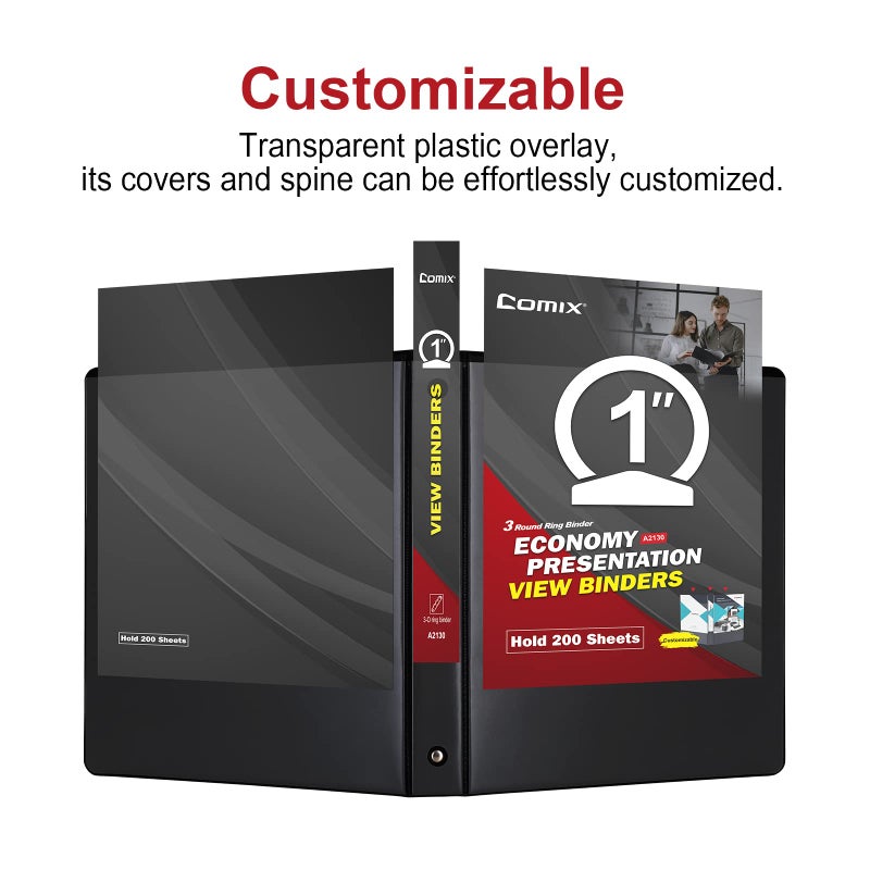 COMIX Sturdy 3 Ring Binder 1 inch with Clear View Cover, 1" Round Ring View Binder, PVC-Free, 200 Sheets Capacity of US Letter Size Paper, Office ï¼† School Supplies, 6 Pack (Black) - Image 4
